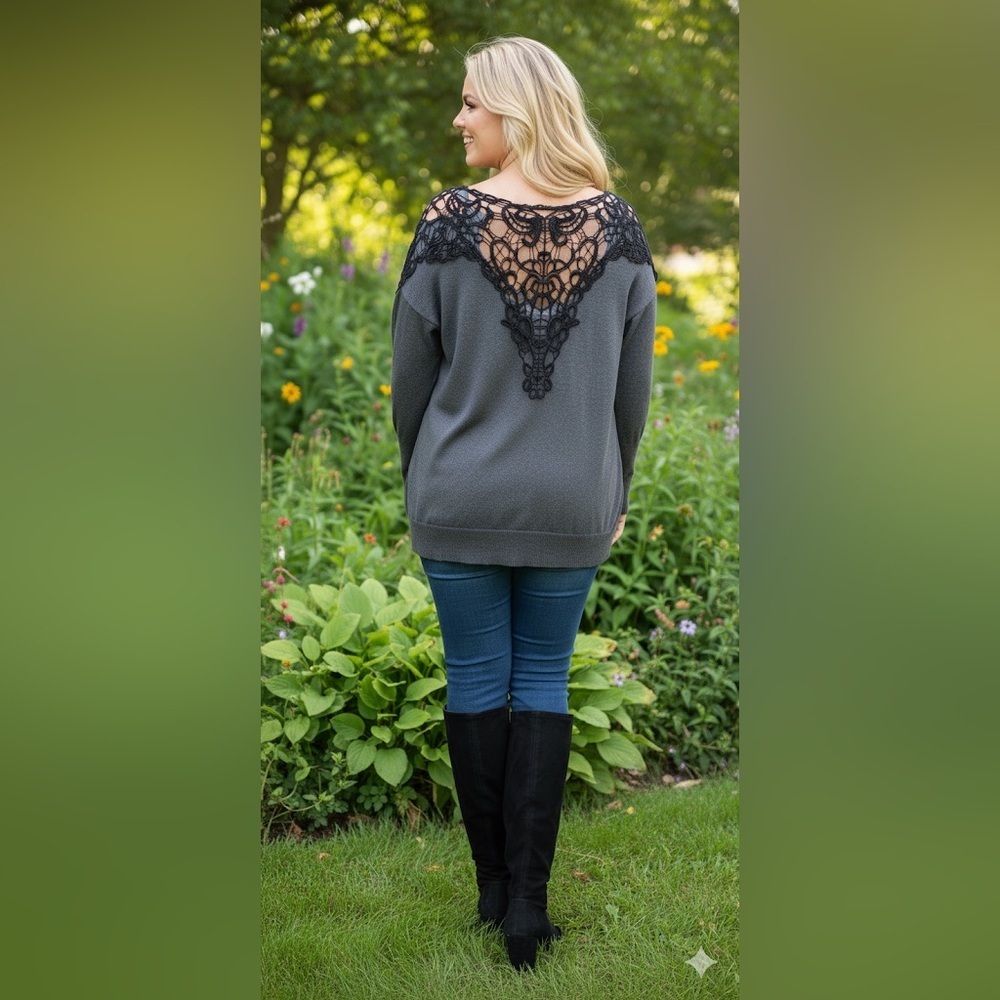 Addition Elle M Studio Crocheted Vneck Grey Lightweight Sweater Size 2X